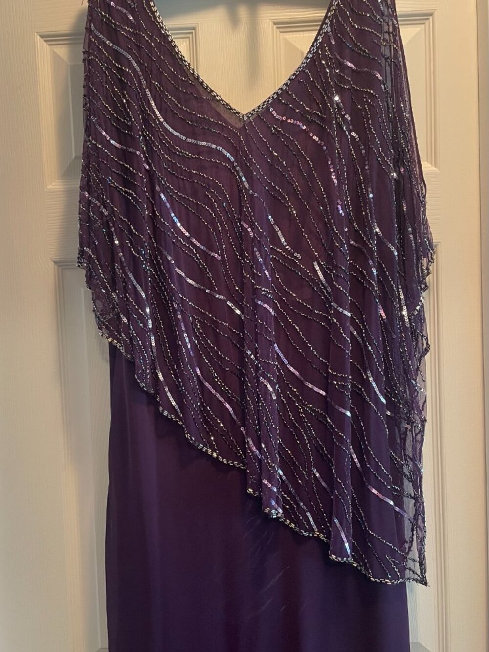 J Kara Beautiful Beaded Pop Over Long Plum Dress 14W
